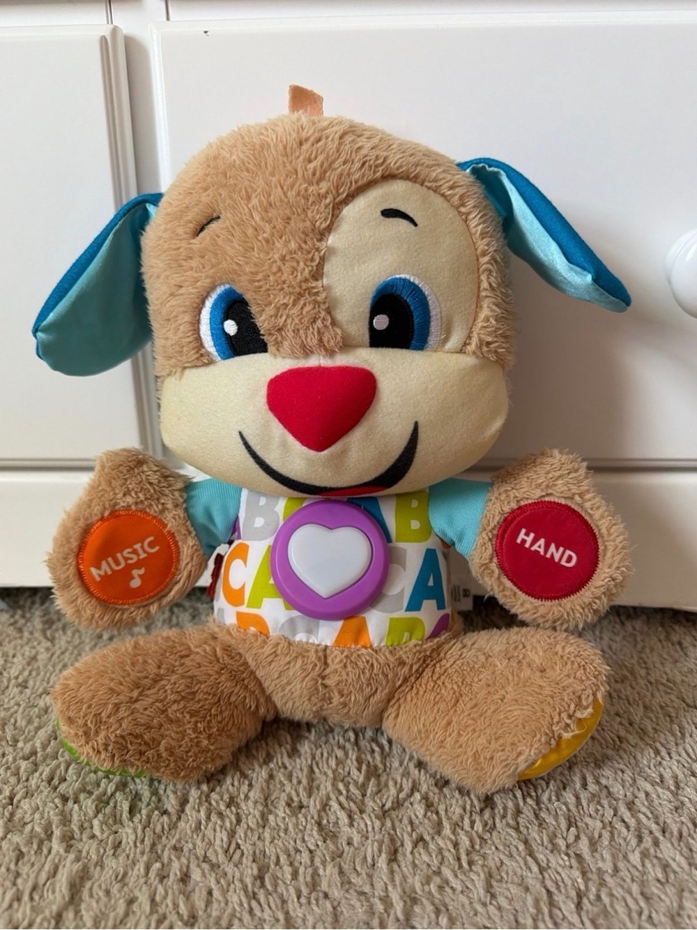 Fisher-Price Tan Puppy Plush with Blue Ears and Red Nose